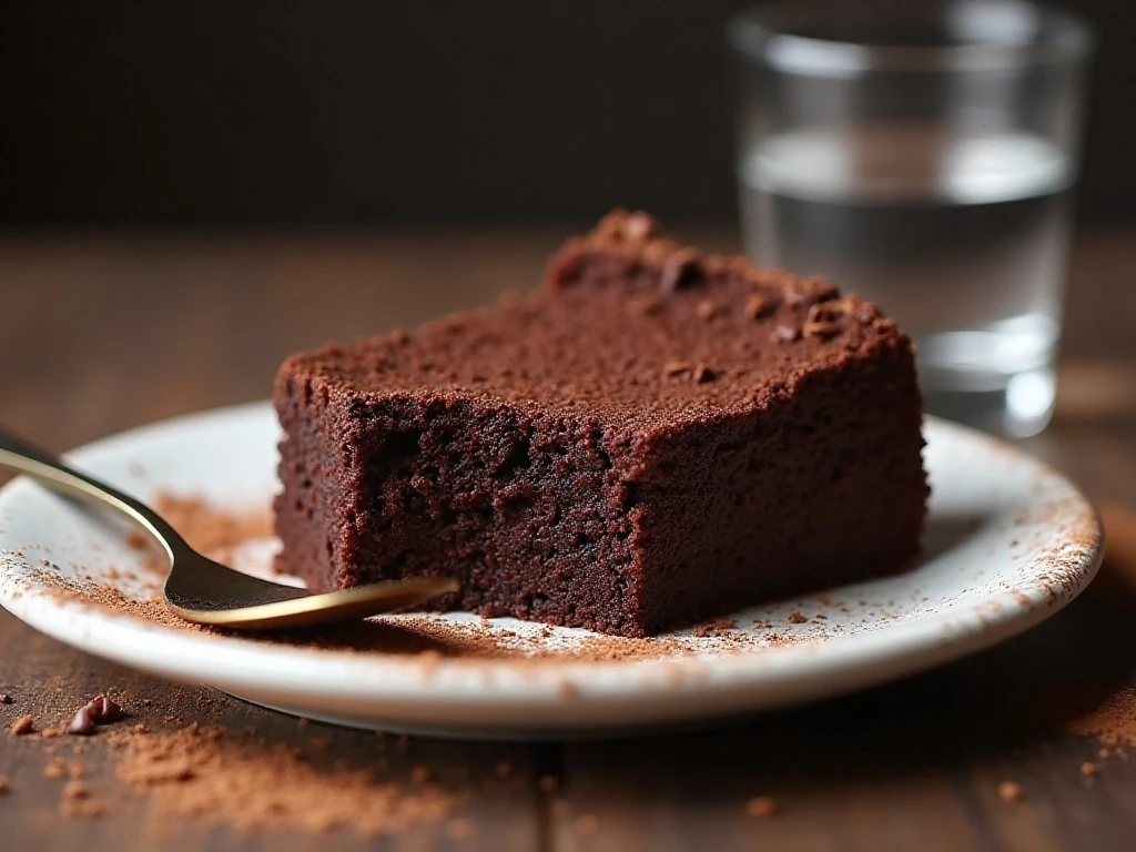 Close-up showing the rich cocoa flavor and moist crumb of the cake