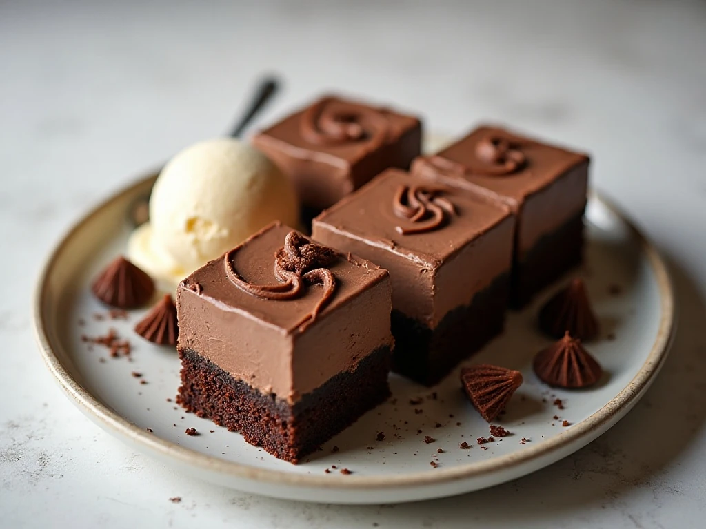 Frosted chocolate mayonnaise cake squares with chocolate curls