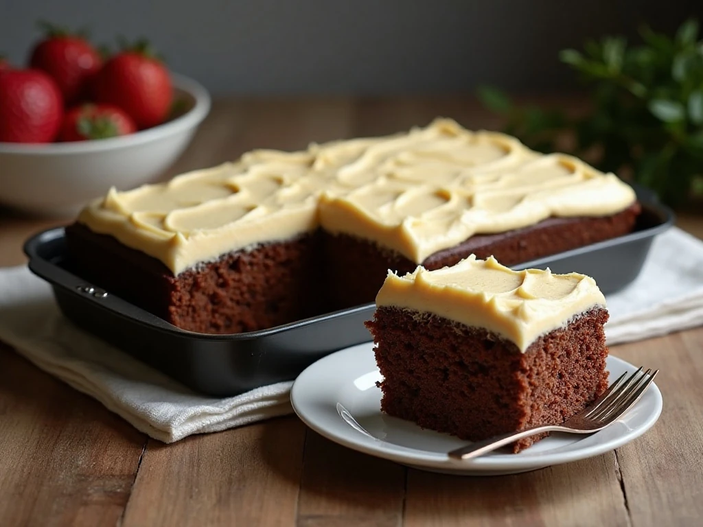 Covered pan and slice of chocolate mayonnaise cake ready for storage