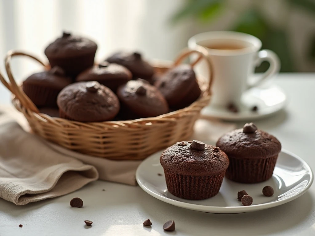A basket of easy homemade chocolate muffins ready for breakfast