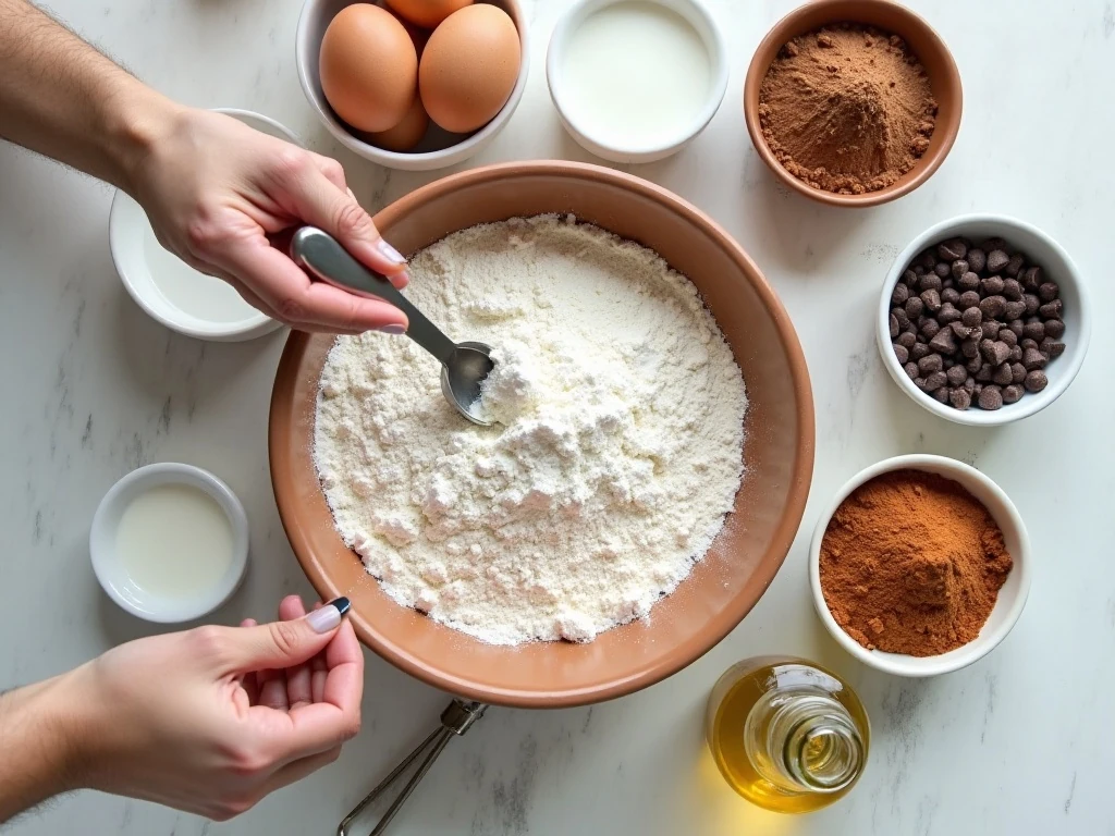 Ingredients for easy chocolate muffins arranged on a kitchen counter