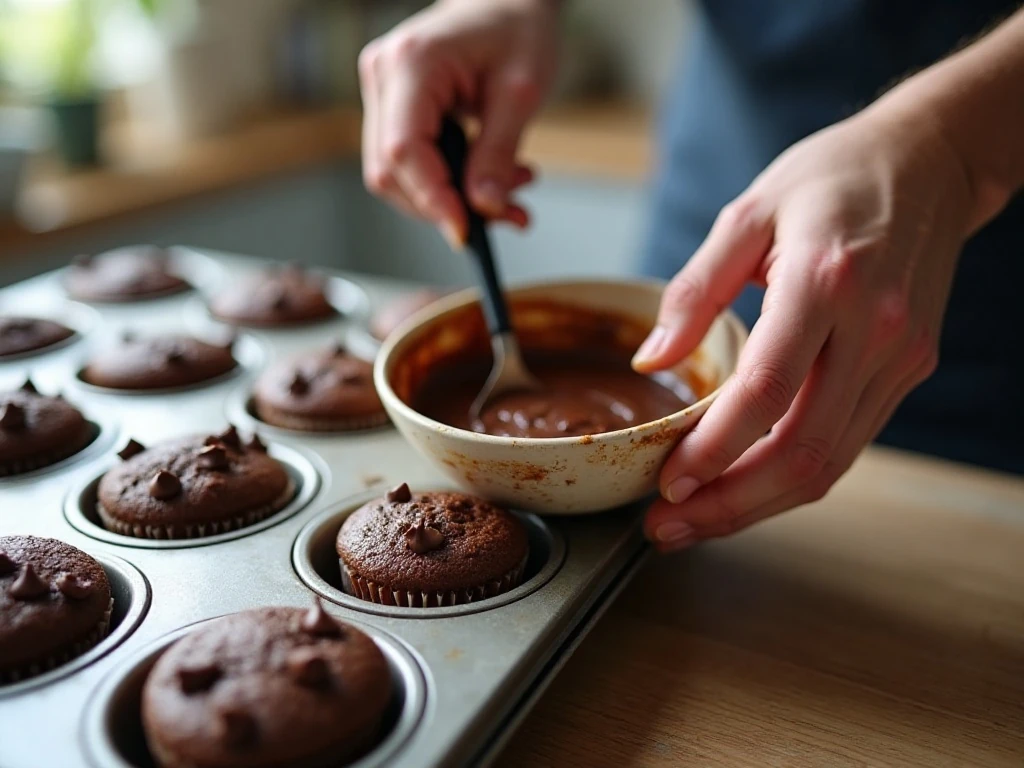 Chocolate muffin batter being gently mixed before baking