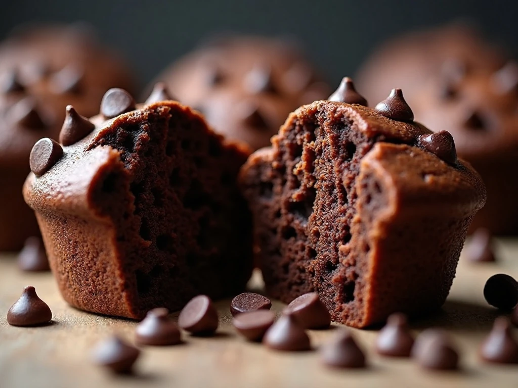 Close-up of the tender chocolate crumb and chocolate chips inside a muffin