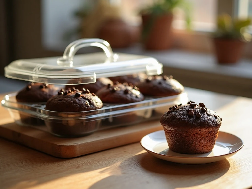 Chocolate muffins stored for a make-ahead breakfast