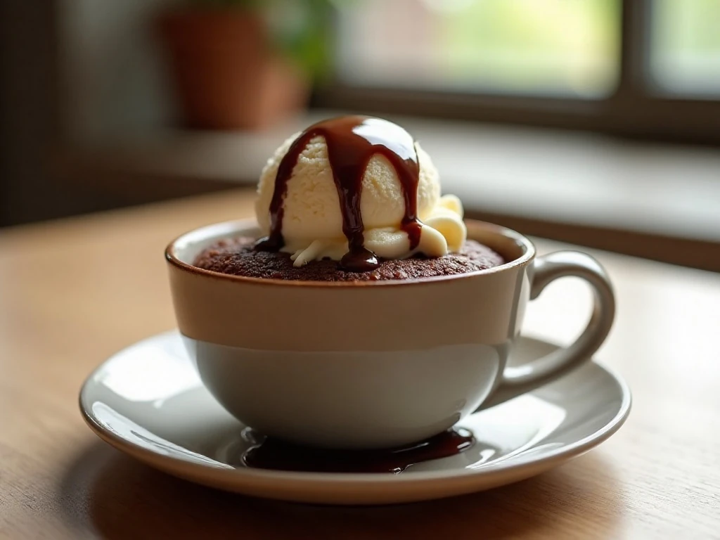 Warm chocolate mug cake with vanilla ice cream