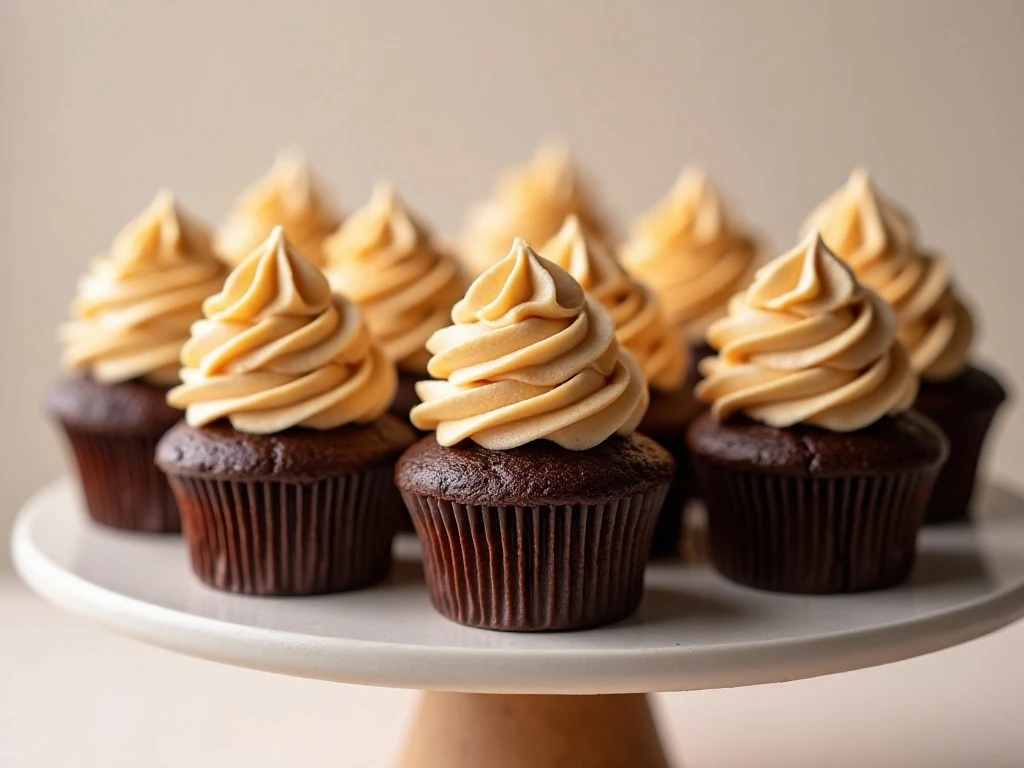 Chocolate peanut butter cupcakes topped with creamy peanut butter frosting