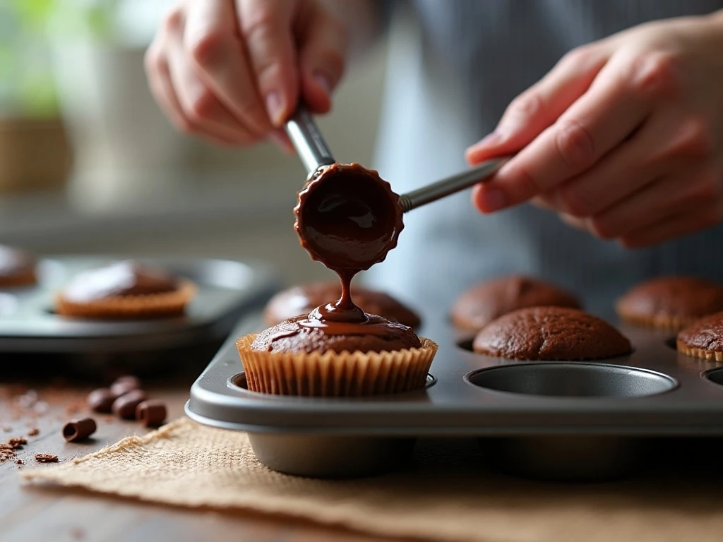 Portioning chocolate cupcake batter into lined muffin tins