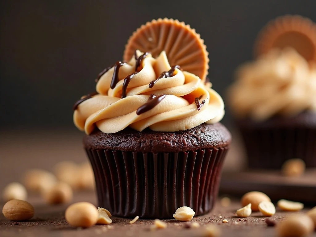 Peanut butter cupcake decorated with candy, peanuts, and chocolate drizzle