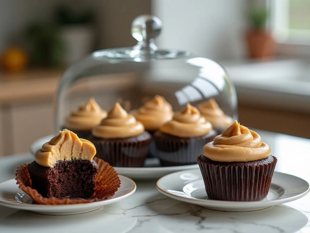 Stored chocolate peanut butter cupcakes in a covered container