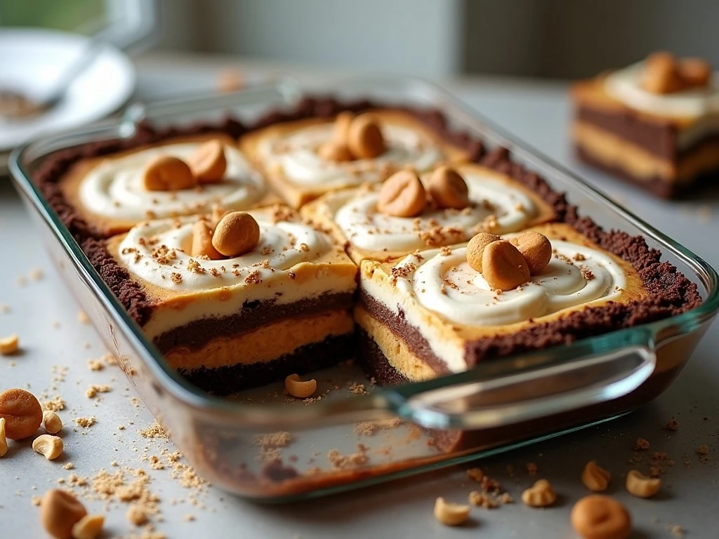 Chocolate peanut butter lasagna showing four creamy dessert layers