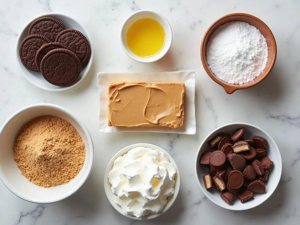 Ingredients for chocolate peanut butter lasagna arranged on a counter