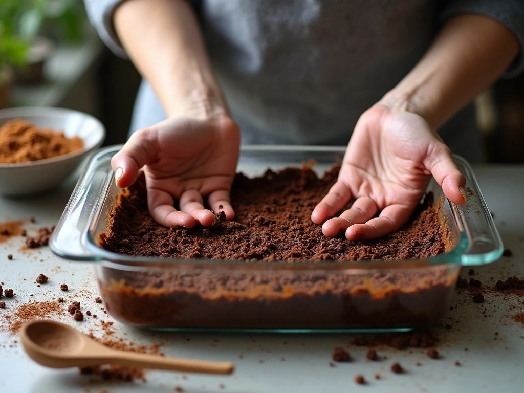 Pressing chocolate cookie crumbs into the dessert dish for the crust