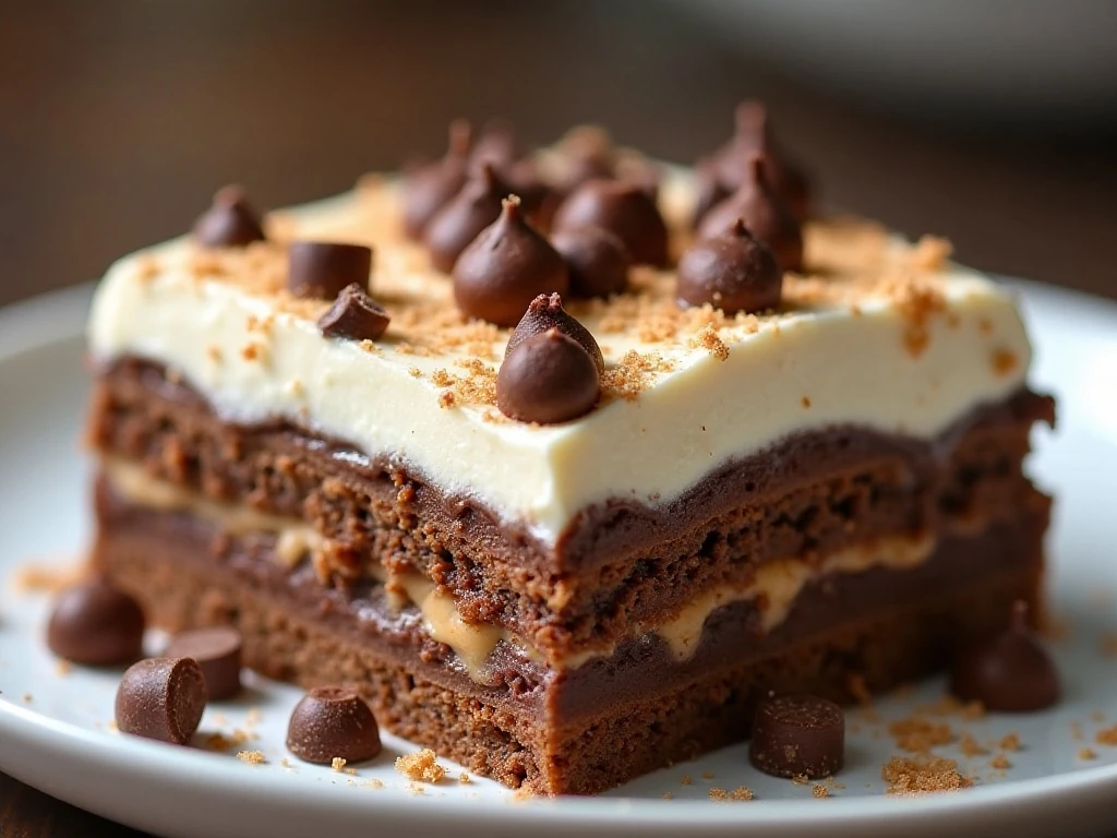 Close-up slice of chocolate peanut butter lasagna with candy garnish