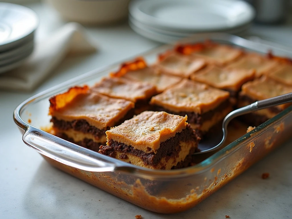 Chilled chocolate peanut butter lasagna portions ready for serving