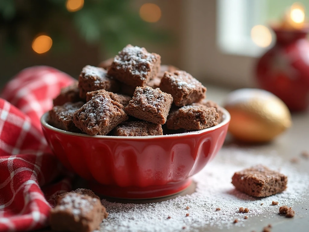 Bowl of homemade chocolate peanut butter muddy buddies