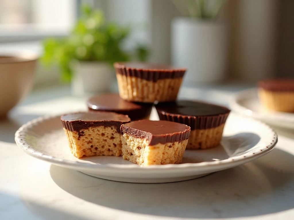 Chocolate peanut butter Rice Krispie cups showing their chewy cereal centers and chocolate tops