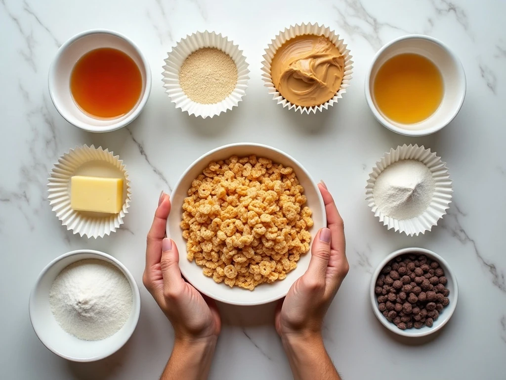Ingredients for chocolate peanut butter Rice Krispie cups arranged in a flatlay