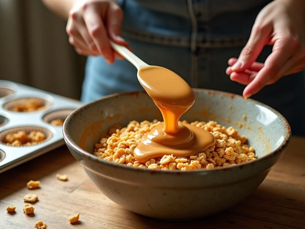 Crispy rice cereal being folded with warm peanut butter syrup for dessert cups