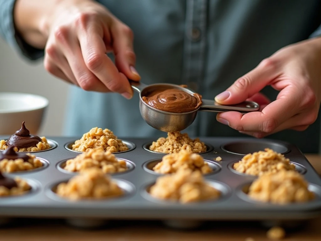 Cereal mixture being gently pressed into muffin cups