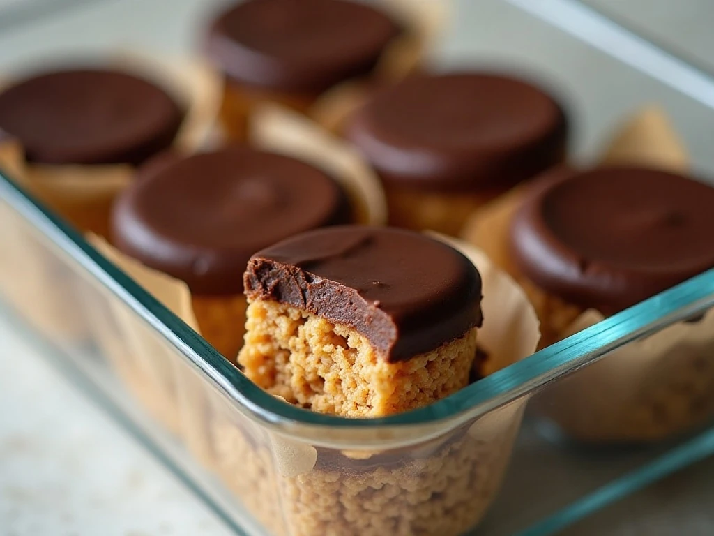 Chilled chocolate peanut butter Rice Krispie cups ready for storage