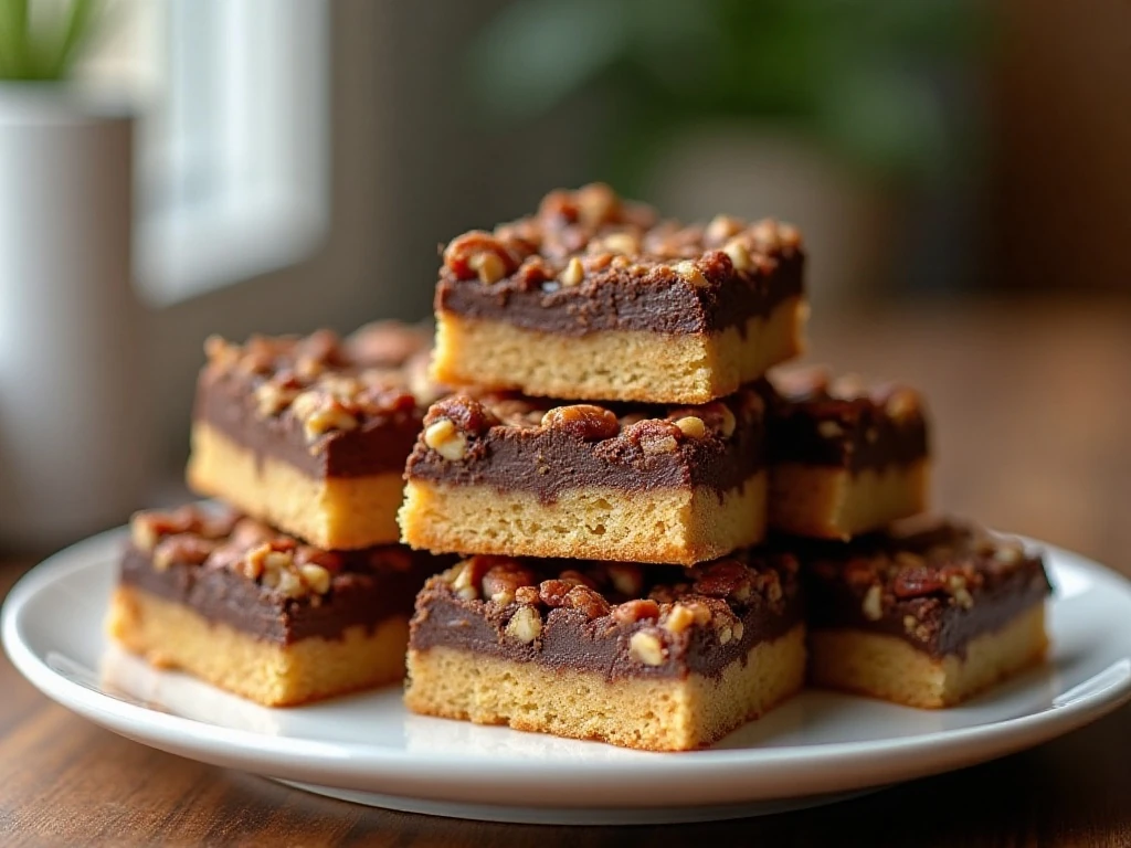 Stack of chocolate pecan bars with golden shortbread crust