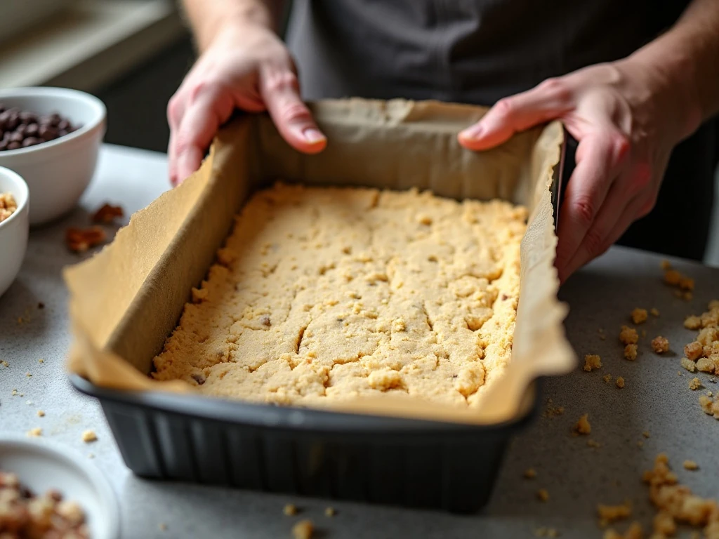Pressing shortbread crust into a baking pan