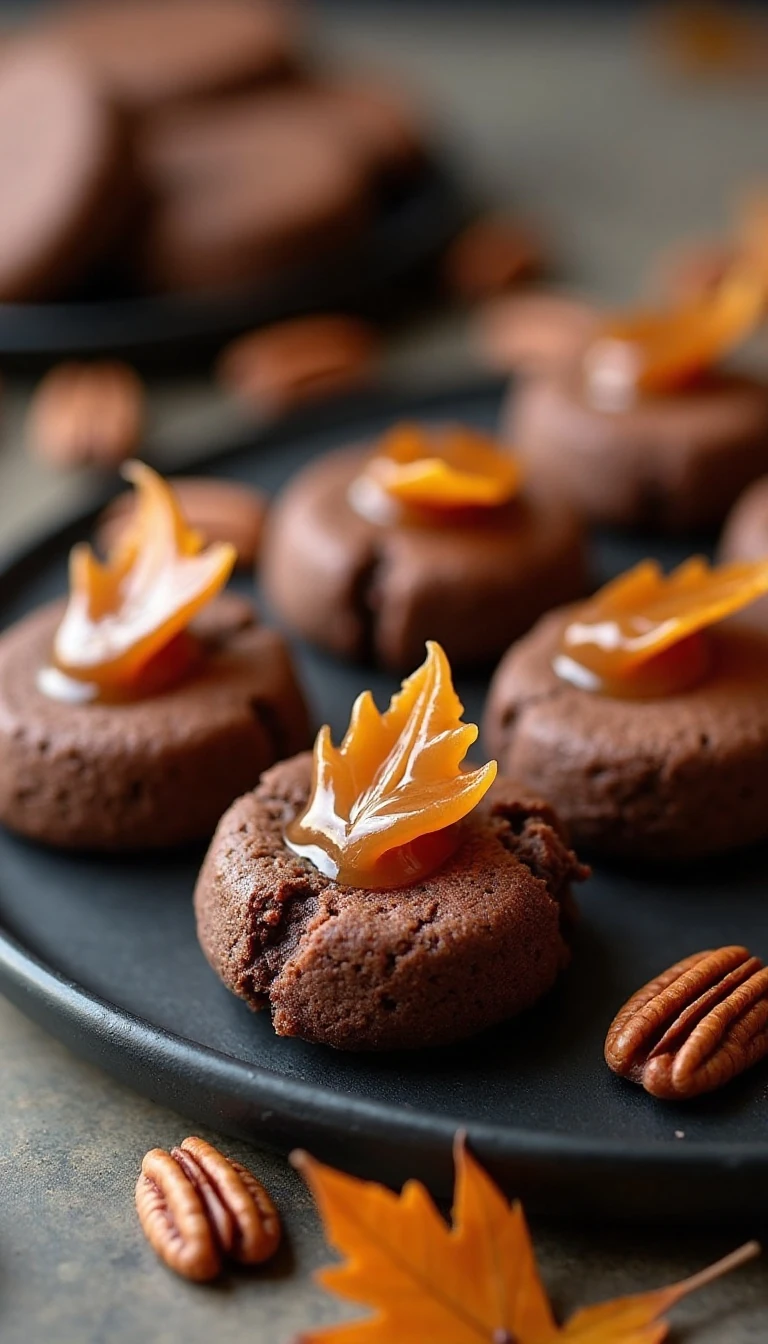 Chocolate Pecan Cookies With Caramel Leaves That Wow