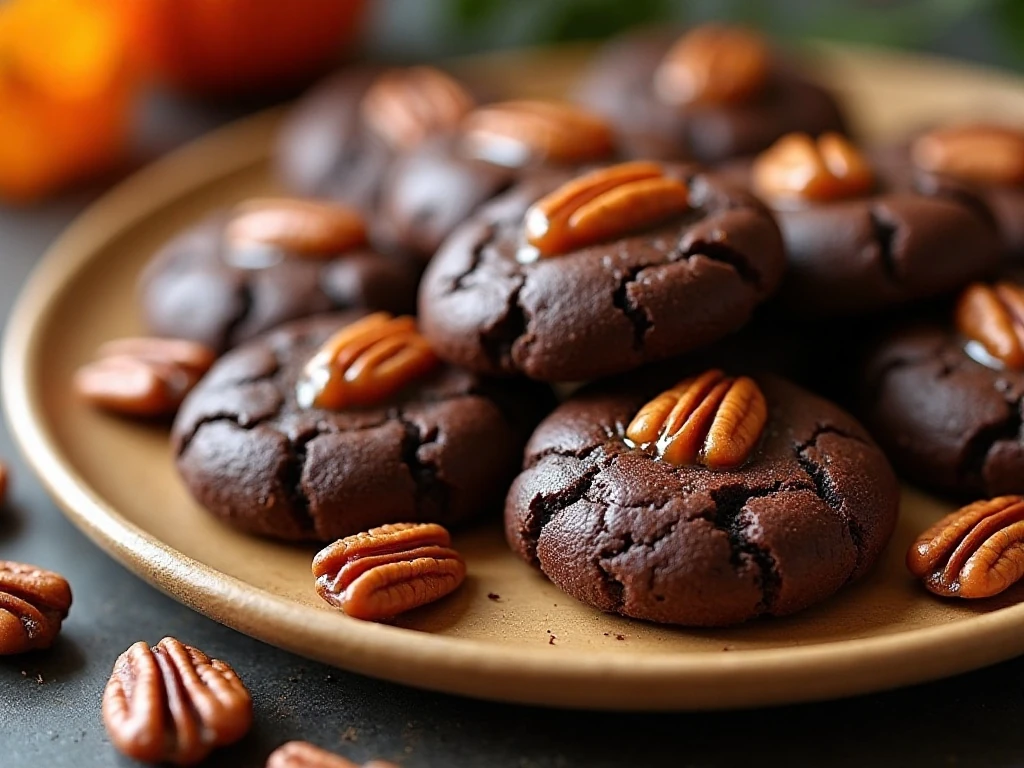 Chocolate pecan cookies topped with caramel leaves on a serving platter