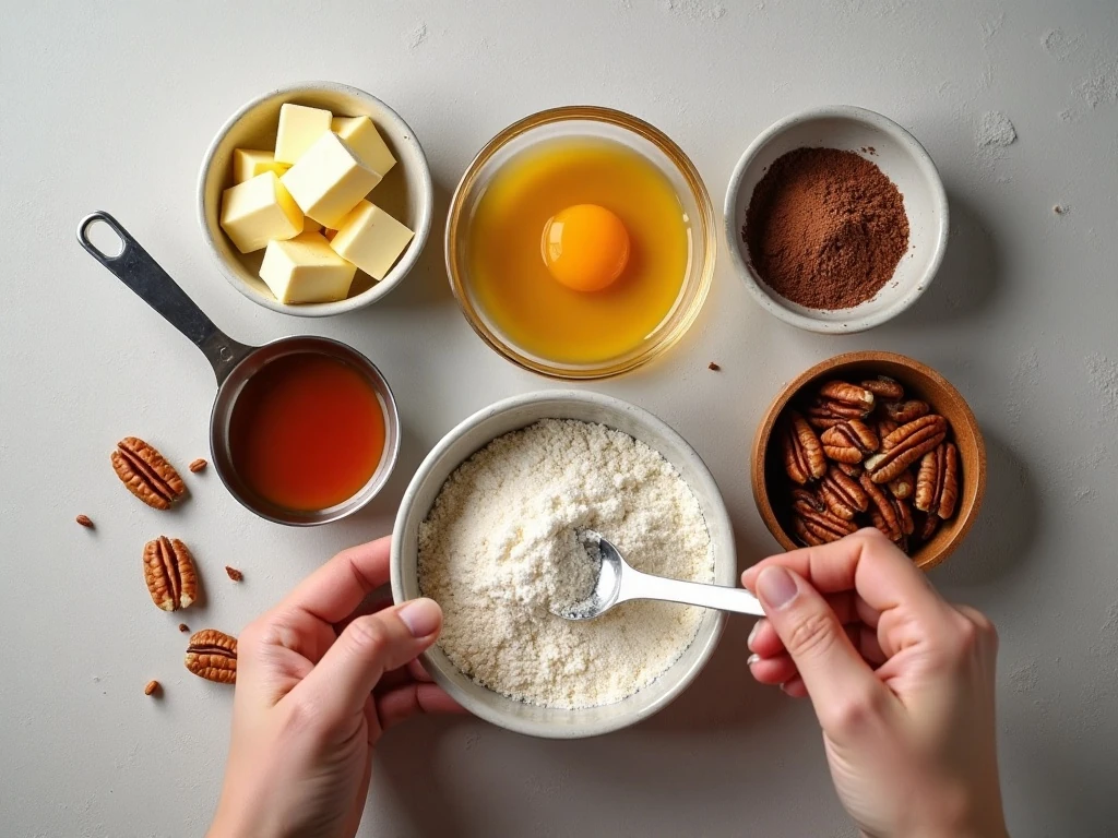 Ingredients for chocolate pecan cookies and caramel leaves
