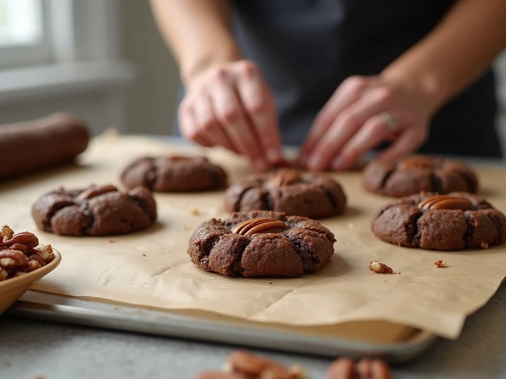 Sliced chocolate pecan cookie dough ready for baking