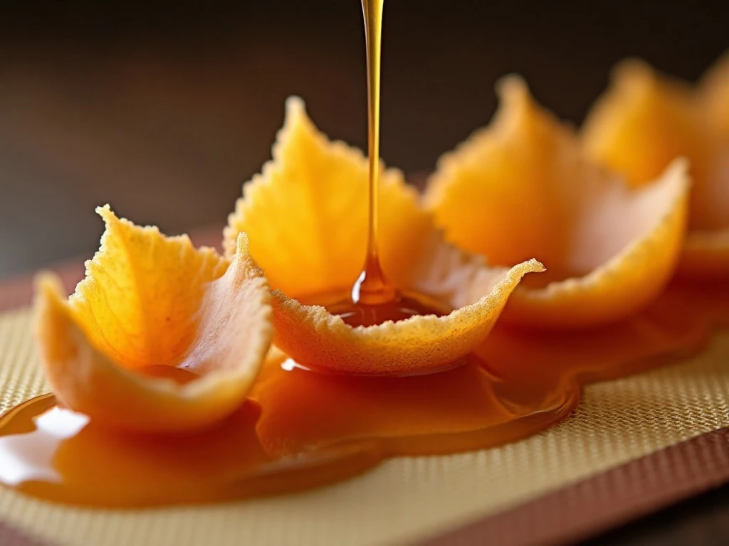Handmade caramel leaves cooling on a silicone mat