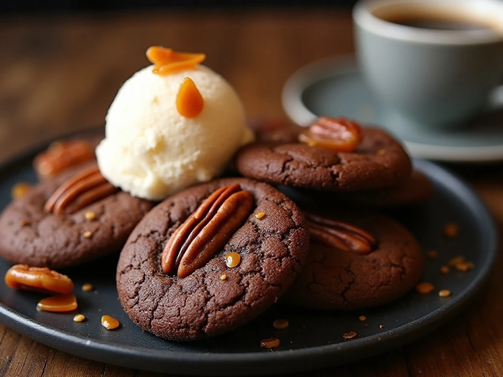 Chocolate pecan caramel leaf cookies served with coffee and ice cream