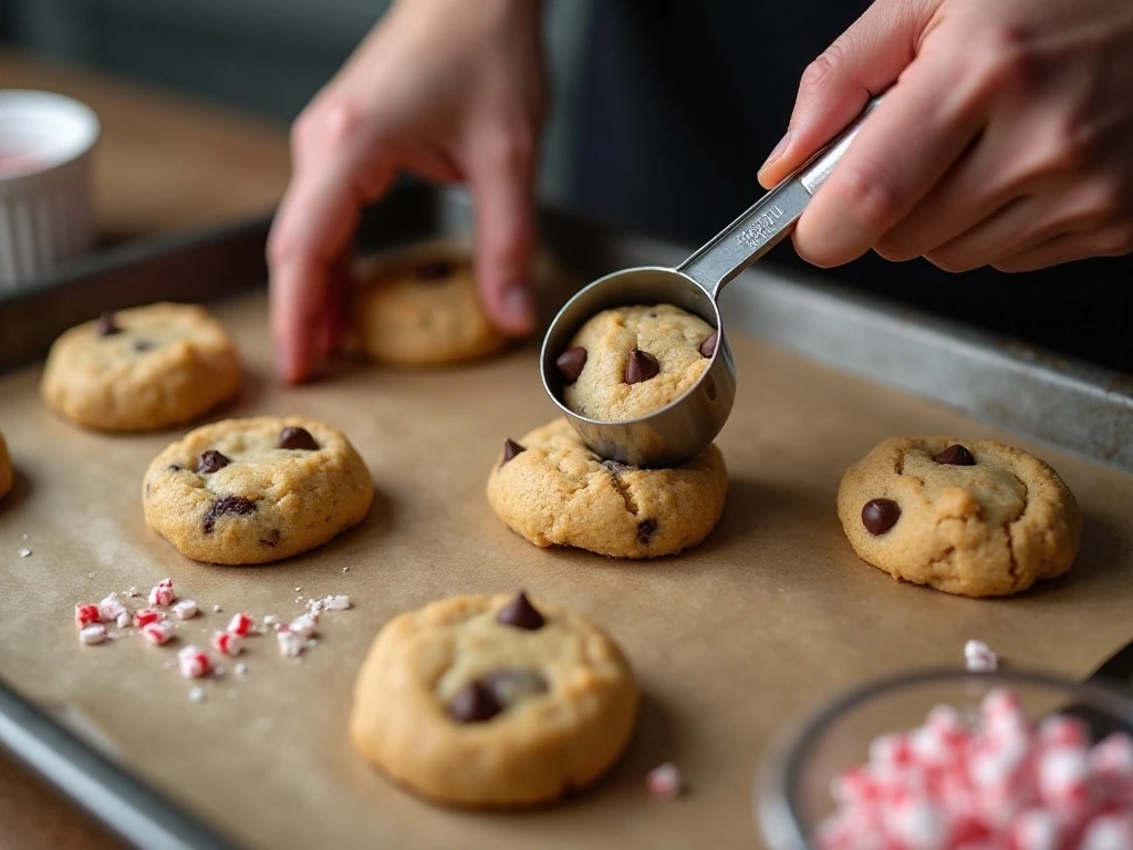 Scooping chocolate peppermint cake mix cookie dough onto a parchment-lined baking sheet