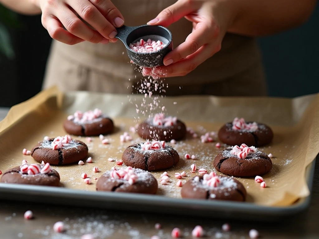 Warm chocolate peppermint cookies with crushed candy topping before cooling