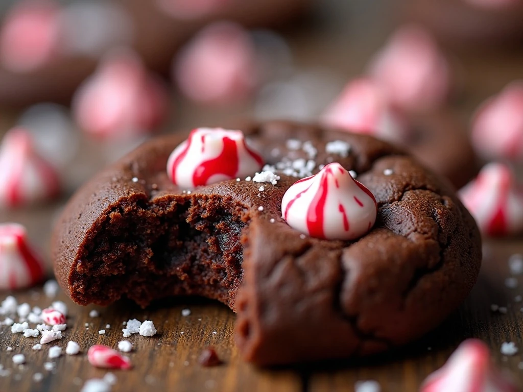 Close-up of fudgy chocolate peppermint cookie with candy cane topping
