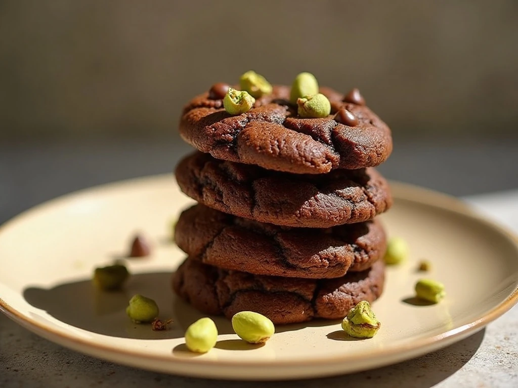 Stack of homemade chocolate pistachio cookies with soft centers and chopped pistachios