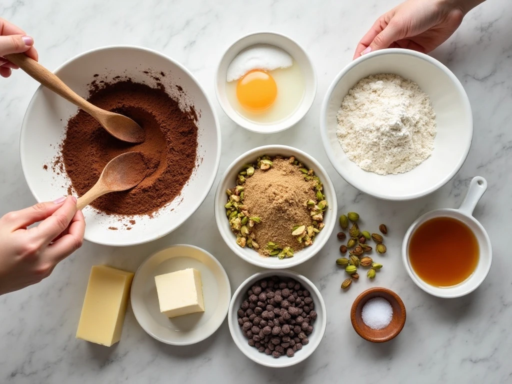 Ingredients for easy chocolate pistachio cookies arranged on a baking surface
