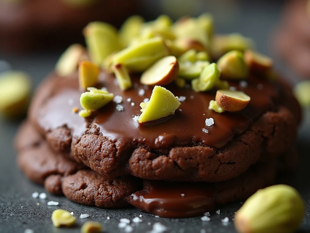 Close-up of chocolate pistachio cookie with pistachio topping and flaky salt
