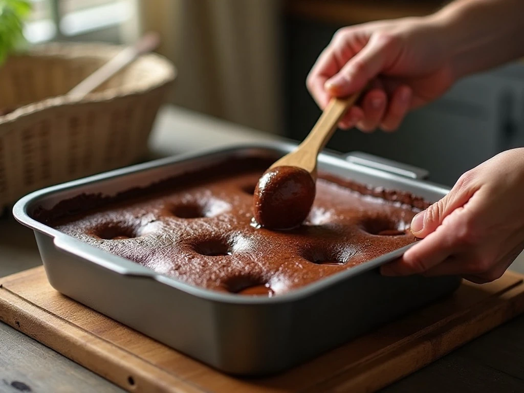Making holes in a chocolate poke cake before adding the filling