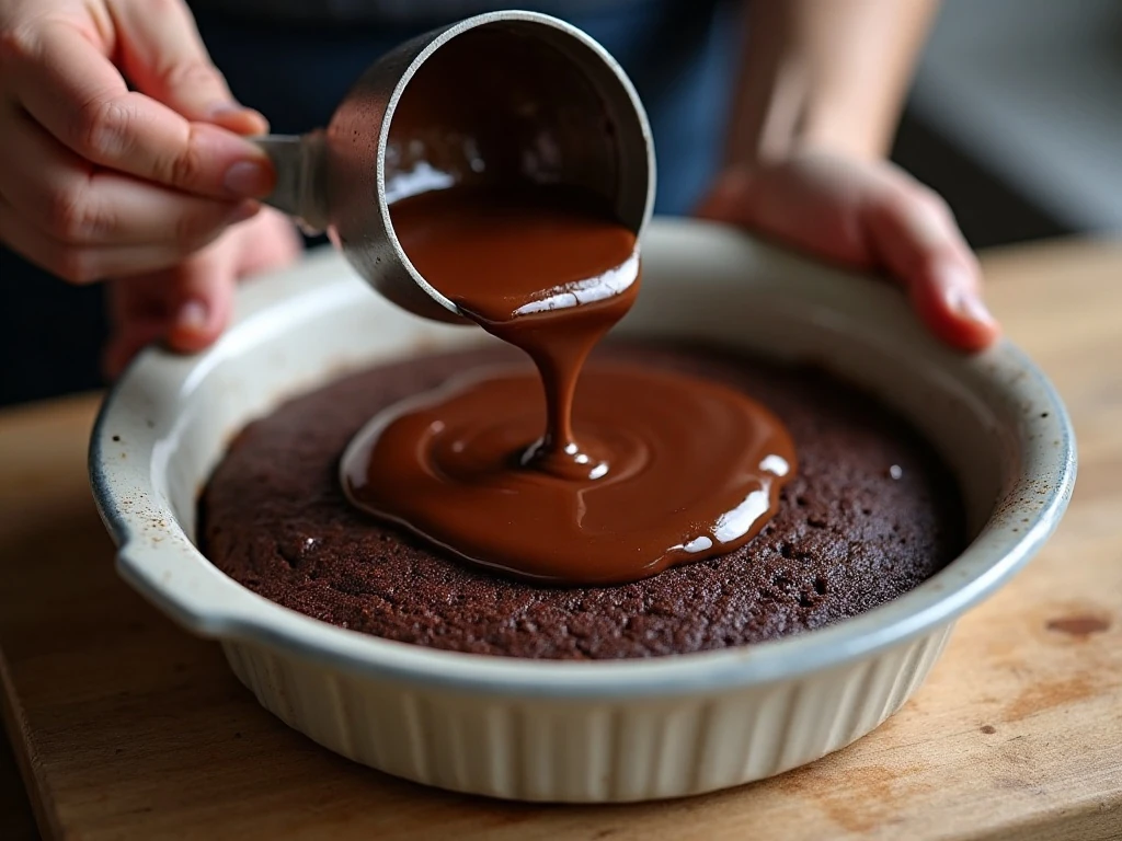 Spreading hot fudge over chocolate poke cake