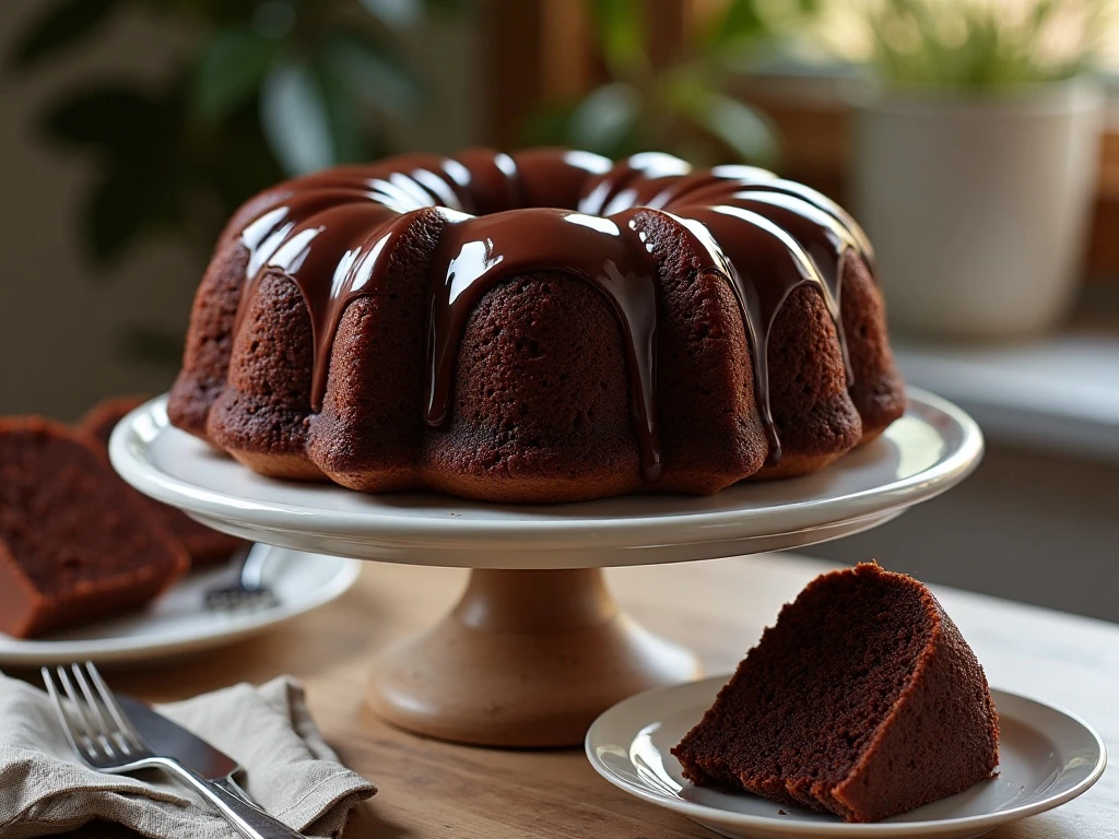 Decadent chocolate pound cake with glaze on a cake stand
