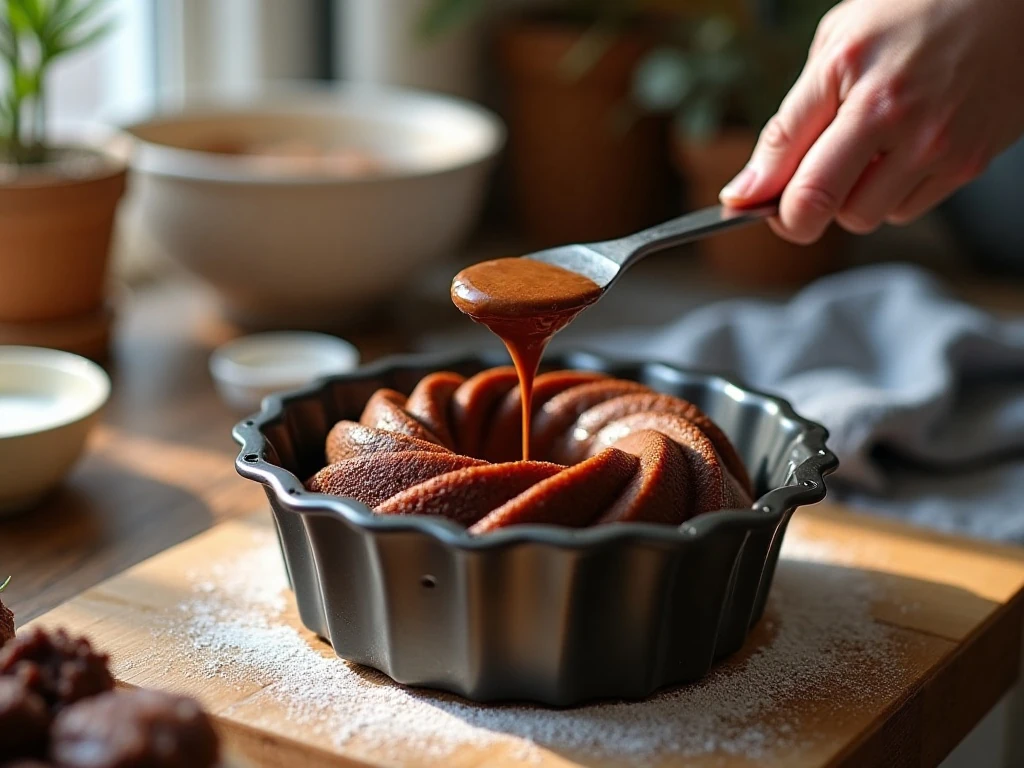 Chocolate pound cake batter in a prepared Bundt pan