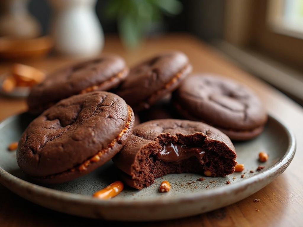 Chocolate pretzel cookies showing soft centers and crunchy pretzel pieces