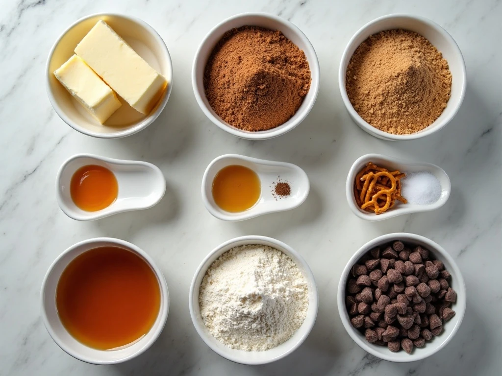 Ingredients for chocolate pretzel cookies arranged for baking