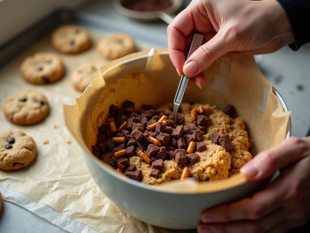 Chocolate cookie dough being mixed with chocolate chips and pretzels