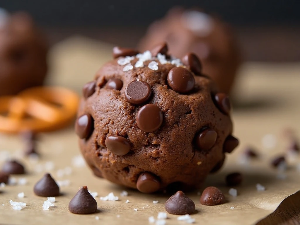 Cookie dough topped with pretzel pieces, chocolate chips, and flaky salt