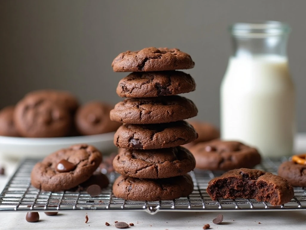 Chocolate pretzel cookies served with milk and ready for storage