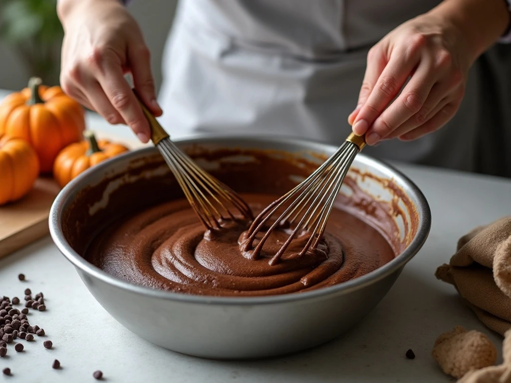 Mixing chocolate pumpkin cake batter