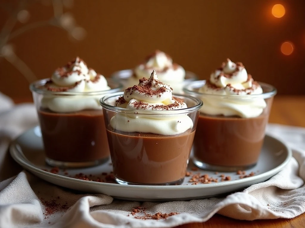 Four servings of creamy chocolate pumpkin pudding ready for a fall dessert