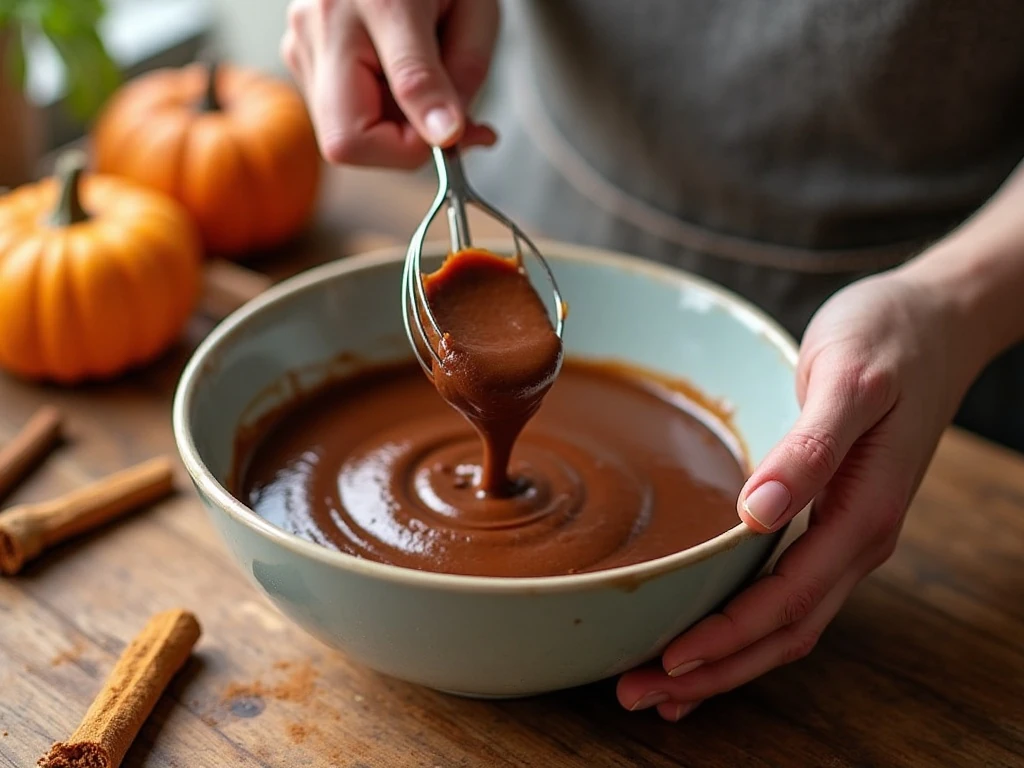 Whisking chocolate pudding mix with pumpkin and spices
